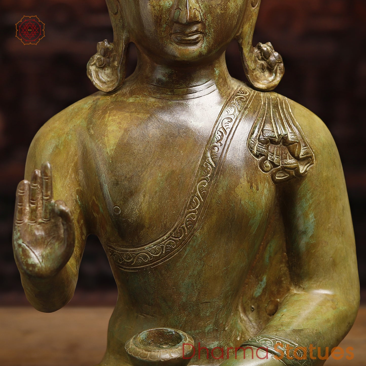 Meditating Brass Buddha Idol, Blessing Buddha, Antique Finish 20"