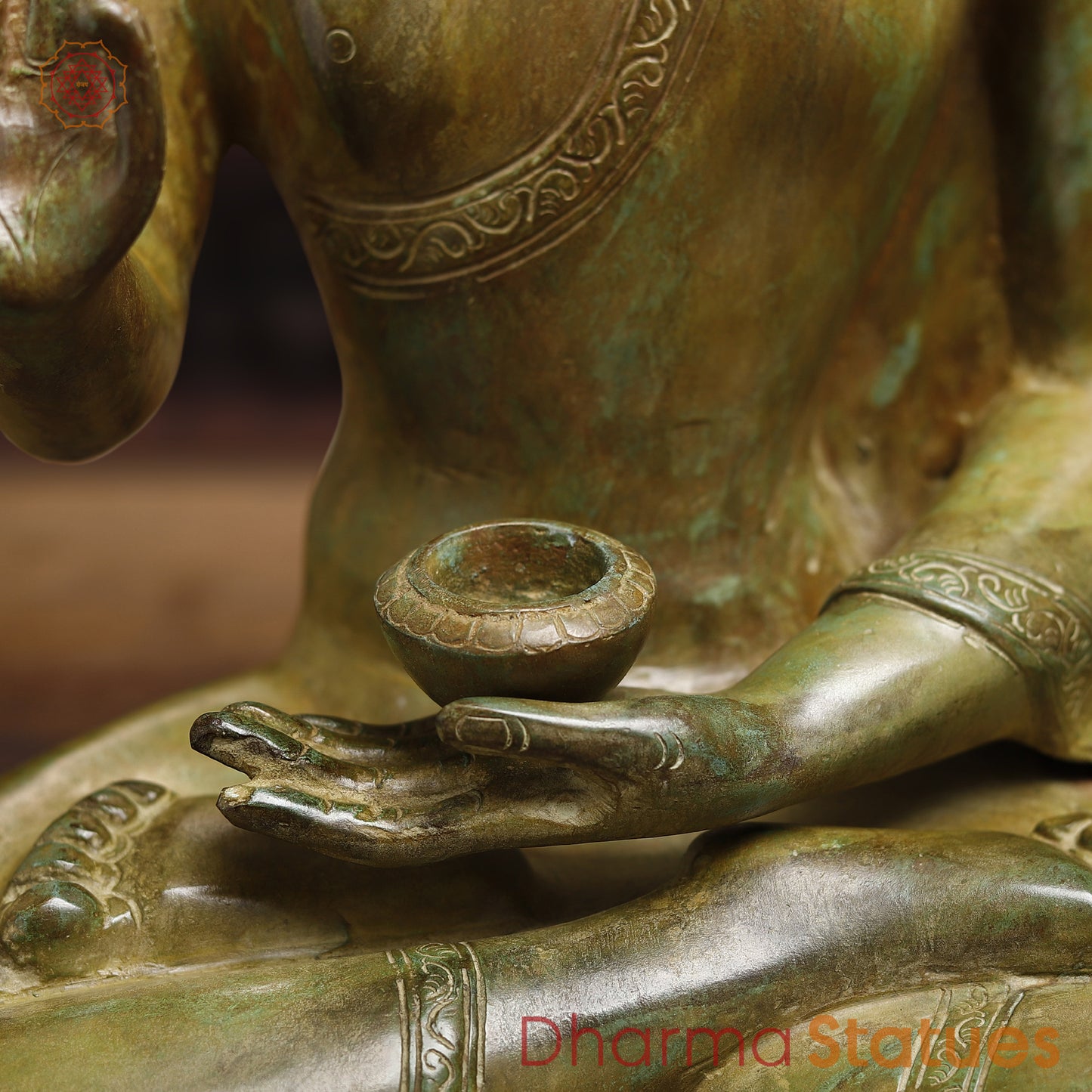 Meditating Brass Buddha Idol, Blessing Buddha, Antique Finish 20"