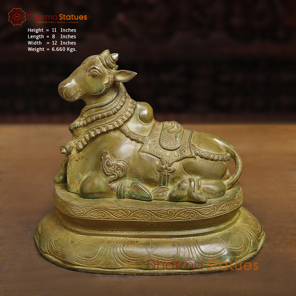 Brass Nandi Idol Seated on base , Green Patina Antique Finish 11"