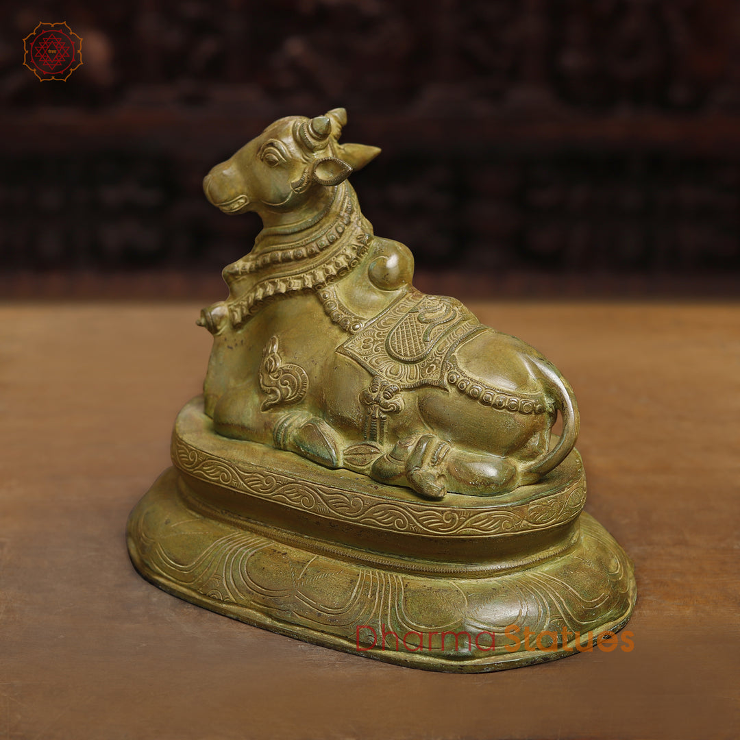 Brass Nandi Idol Seated on base , Green Patina Antique Finish 11"