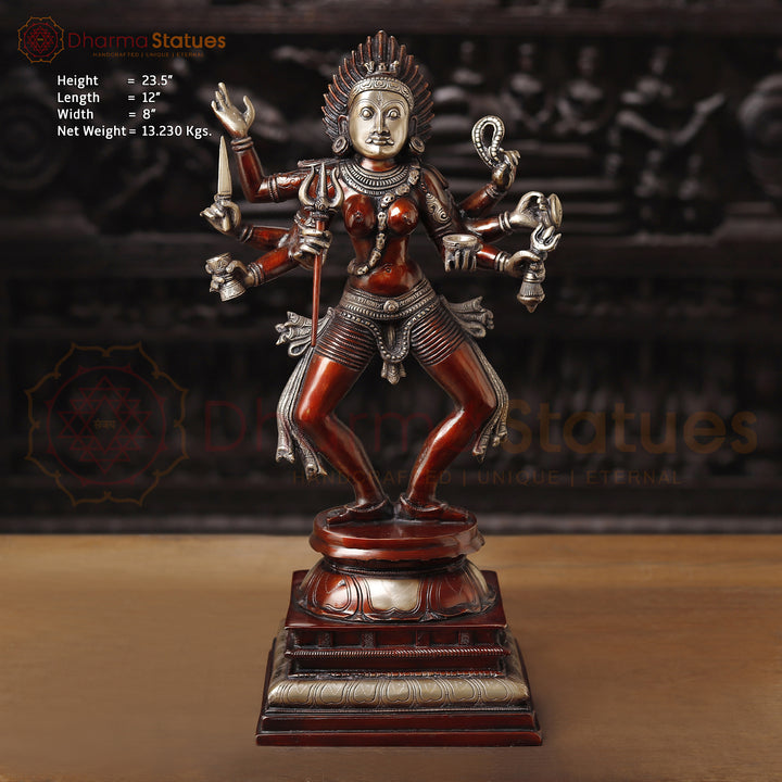 Brass Kali Statue, Manifestation of Shakti on Pedastal, Copper Finish 23.5"