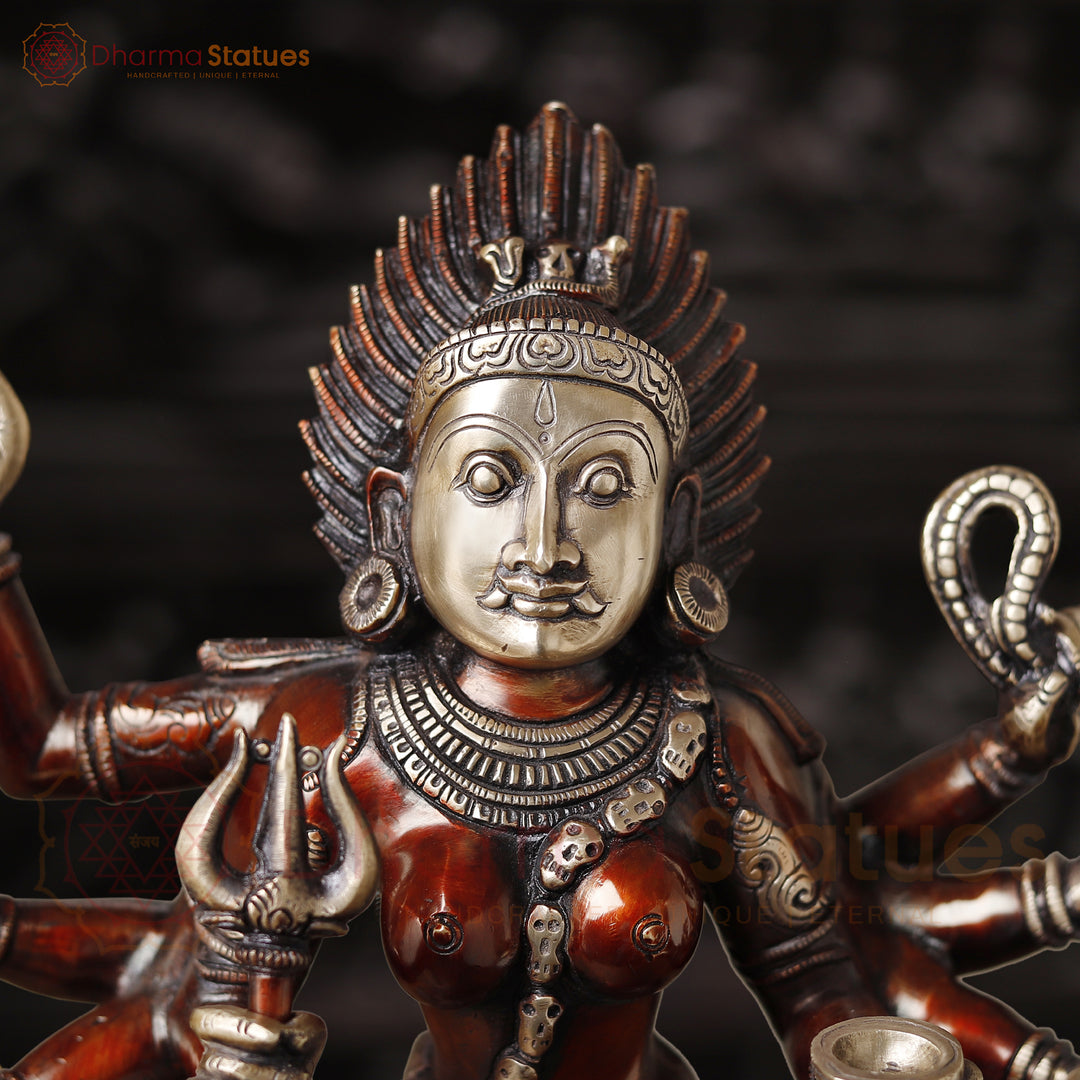 Brass Kali Statue, Manifestation of Shakti on Pedastal, Copper Finish 23.5"