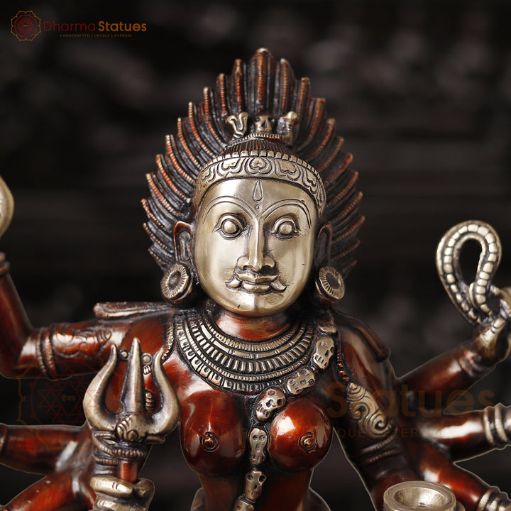 Brass Kali Statue, Manifestation of Shakti on Pedastal, Copper Finish 23.5"