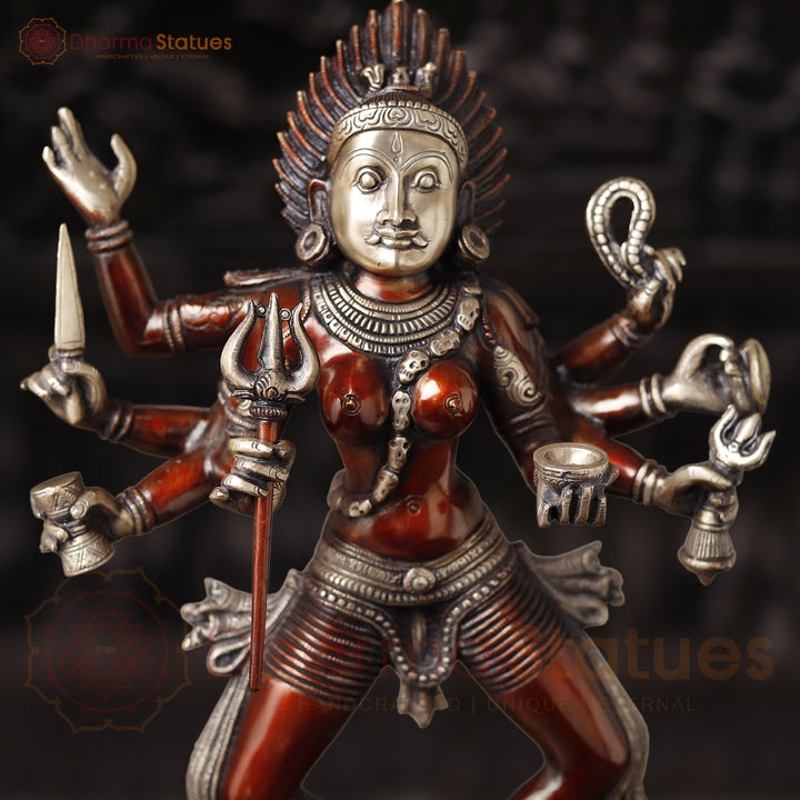 Brass Kali Statue, Manifestation of Shakti on Pedastal, Copper Finish 23.5"