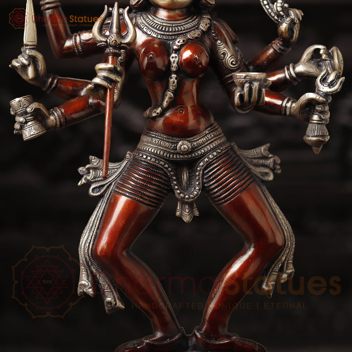 Brass Kali Statue, Manifestation of Shakti on Pedastal, Copper Finish 23.5"