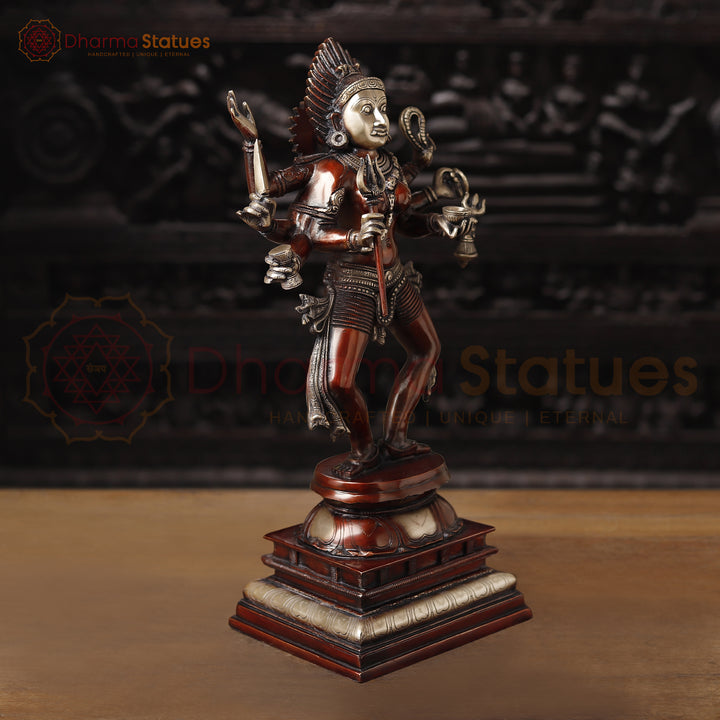 Brass Kali Statue, Manifestation of Shakti on Pedastal, Copper Finish 23.5"