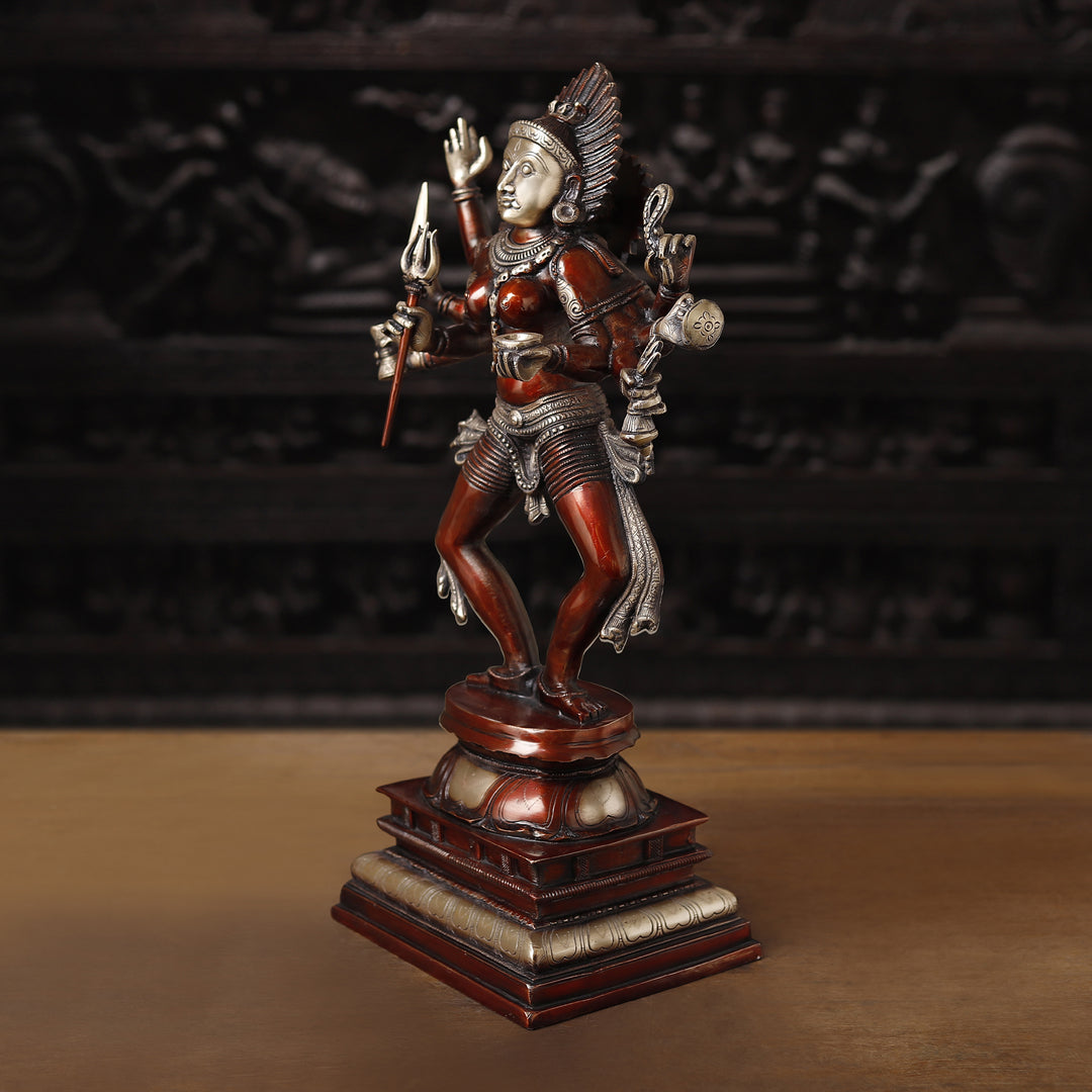 Brass Kali Statue, Manifestation of Shakti on Pedastal, Copper Finish 23.5"