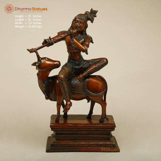 Brass Krishna Playing Flute on Cow, Copper Finish, 21"