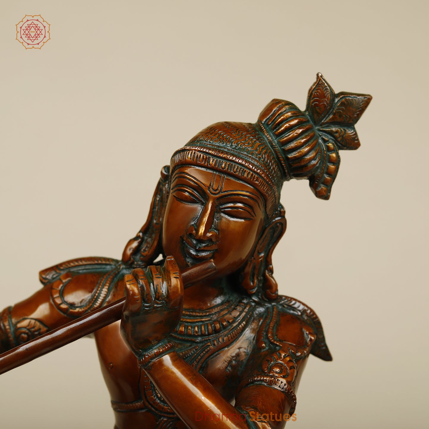 Brass Krishna Playing Flute on Cow, Copper Finish, 21"
