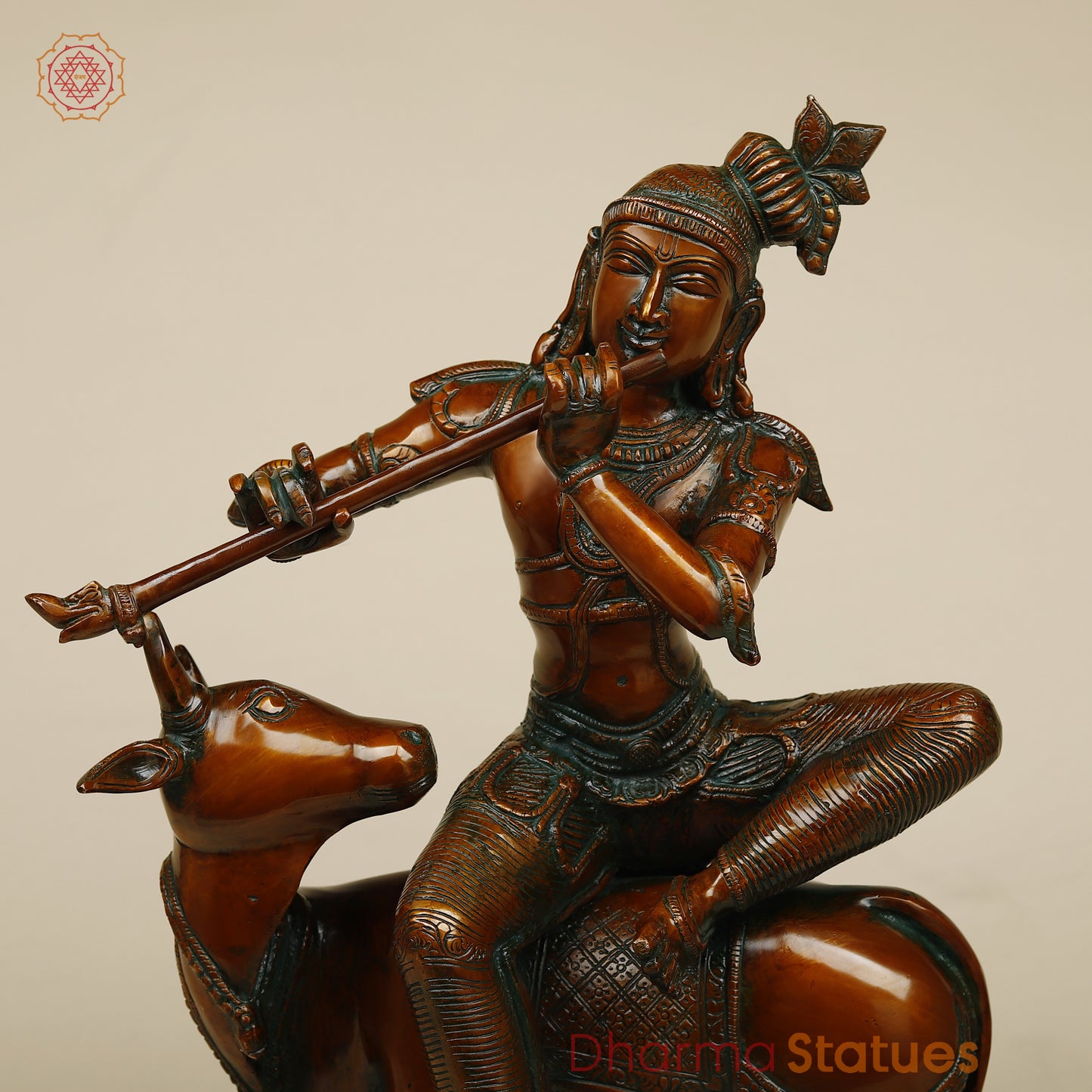 Brass Krishna Playing Flute on Cow, Copper Finish, 21"