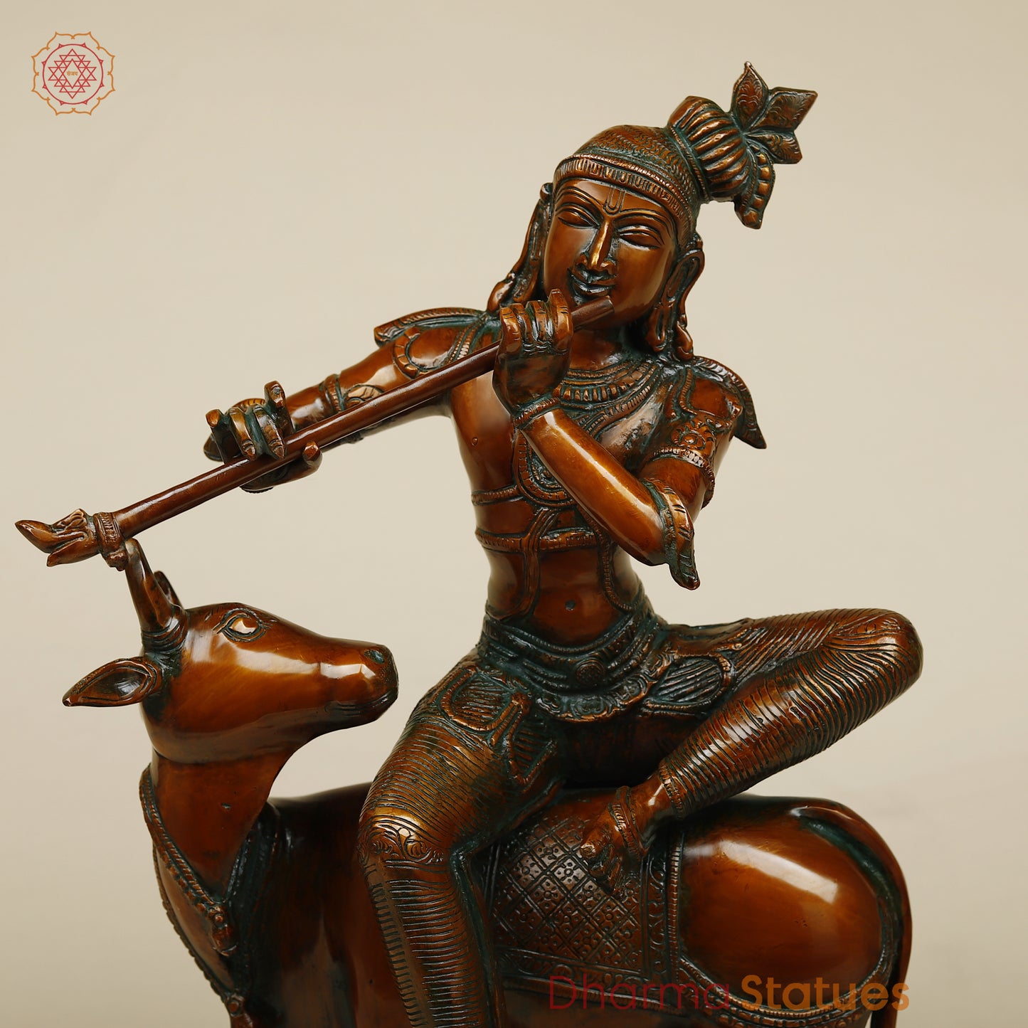 Brass Krishna Playing Flute on Cow, Copper Finish, 21"
