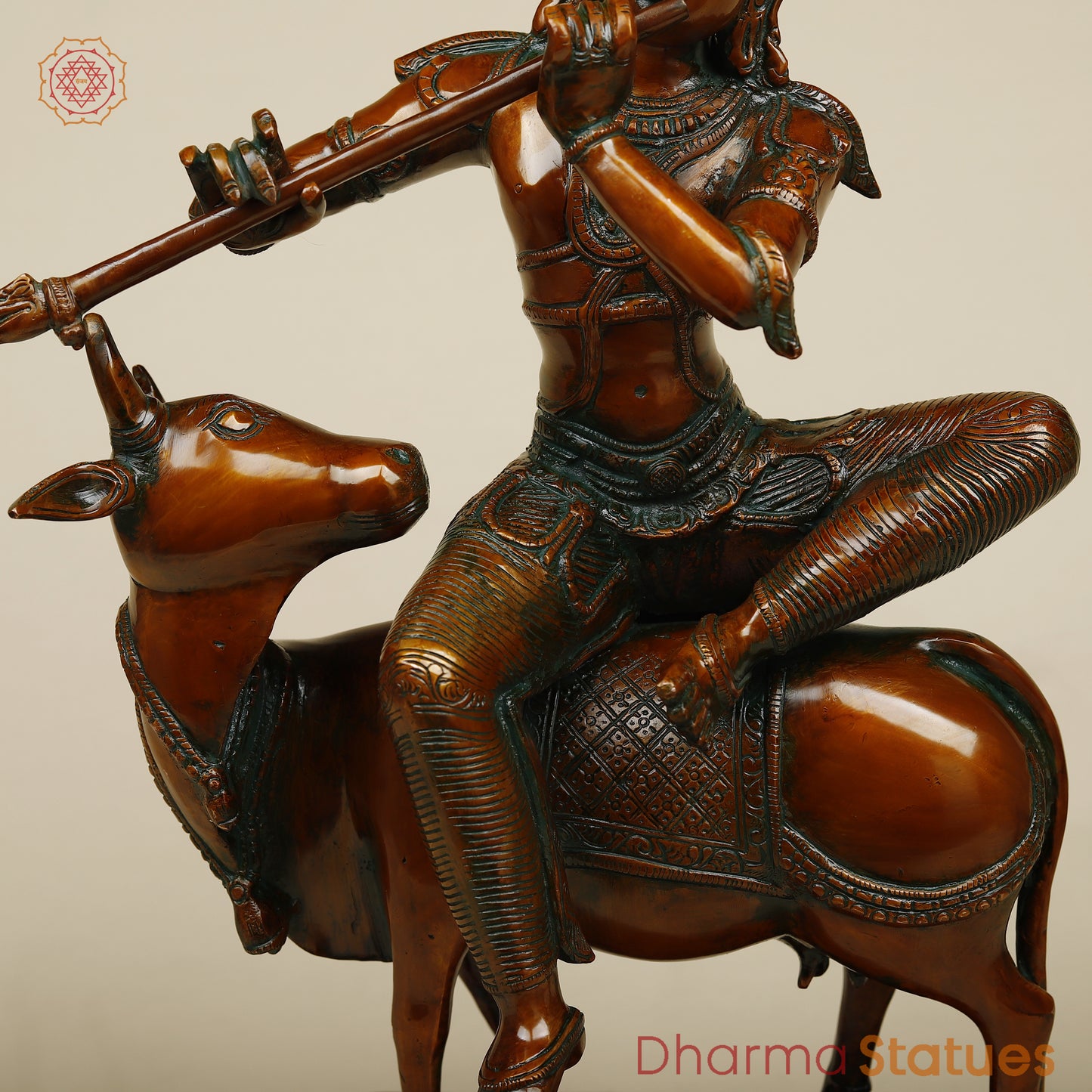 Brass Krishna Playing Flute on Cow, Copper Finish, 21"