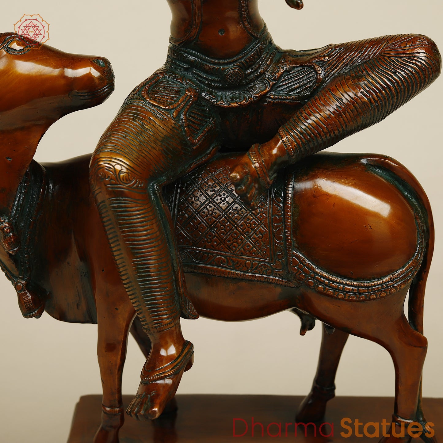 Brass Krishna Playing Flute on Cow, Copper Finish, 21"