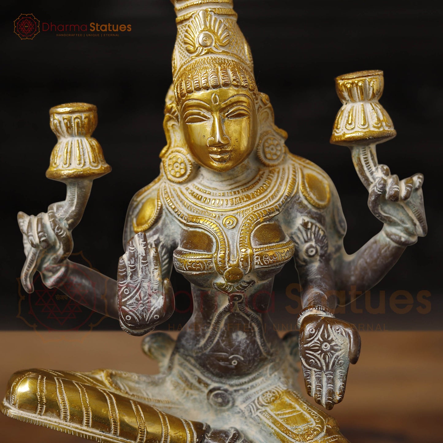 Brass Lakshmi Statue, Goddess of Wealth & Fortune, Antique Brown & Gold Finish 12"