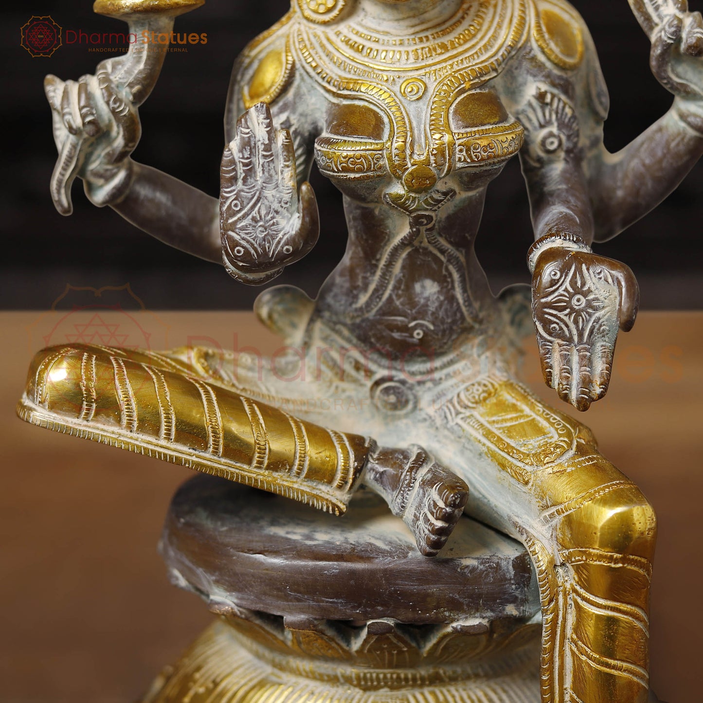 Brass Lakshmi Statue, Goddess of Wealth & Fortune, Antique Brown & Gold Finish 12"