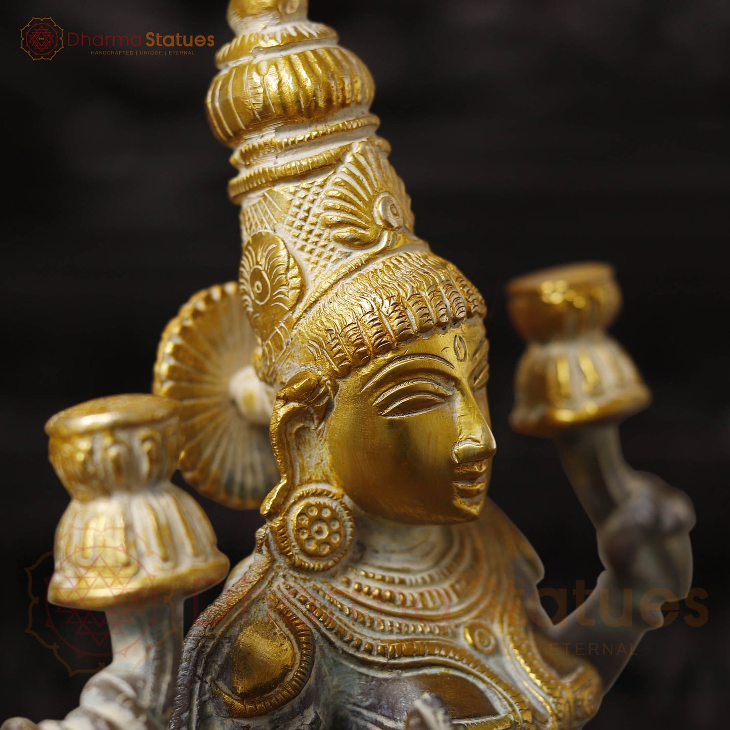 Brass Lakshmi Statue, Goddess of Wealth & Fortune, Antique Brown & Gold Finish 12"