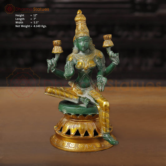 Brass Lakshmi Statue, Sitting and Showering Wealth, Emerald Finish with Golden Accents, 12"