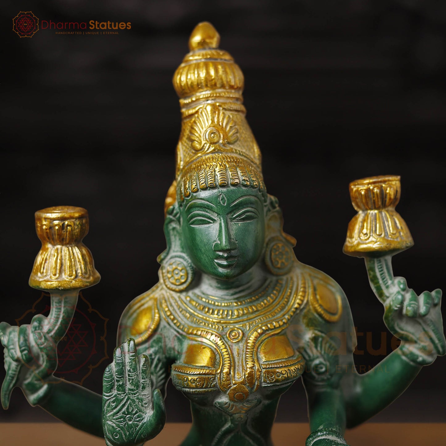 Brass Lakshmi Statue, Sitting and Showering Wealth, Emerald Finish with Golden Accents, 12"