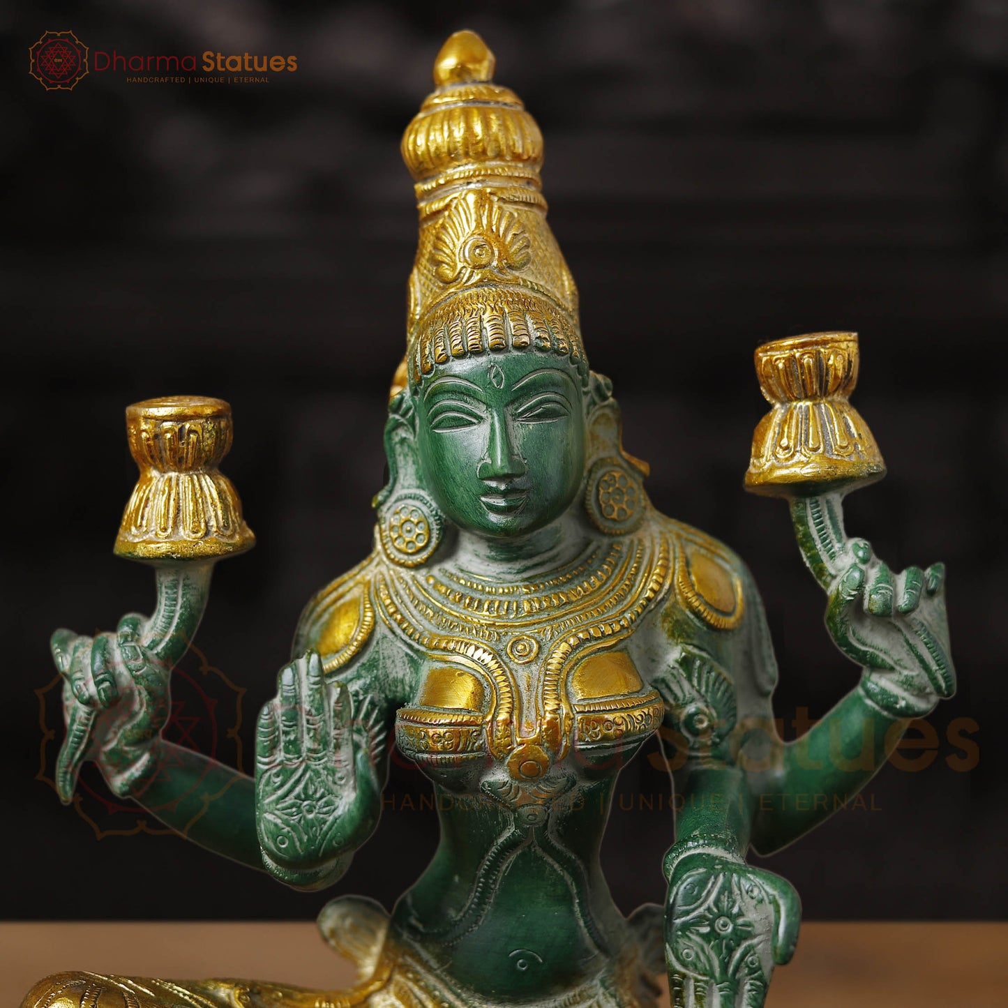 Brass Lakshmi Statue, Sitting and Showering Wealth, Emerald Finish with Golden Accents, 12"