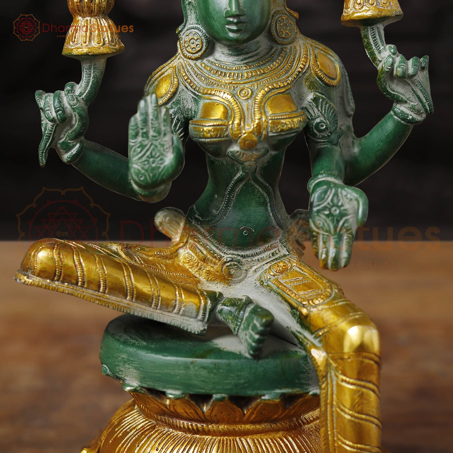 Brass Lakshmi Statue, Sitting and Showering Wealth, Emerald Finish with Golden Accents, 12"