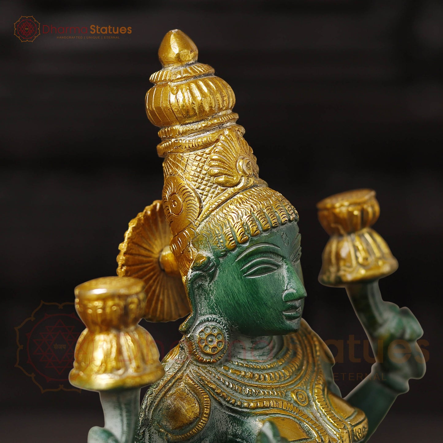 Brass Lakshmi Statue, Sitting and Showering Wealth, Emerald Finish with Golden Accents, 12"