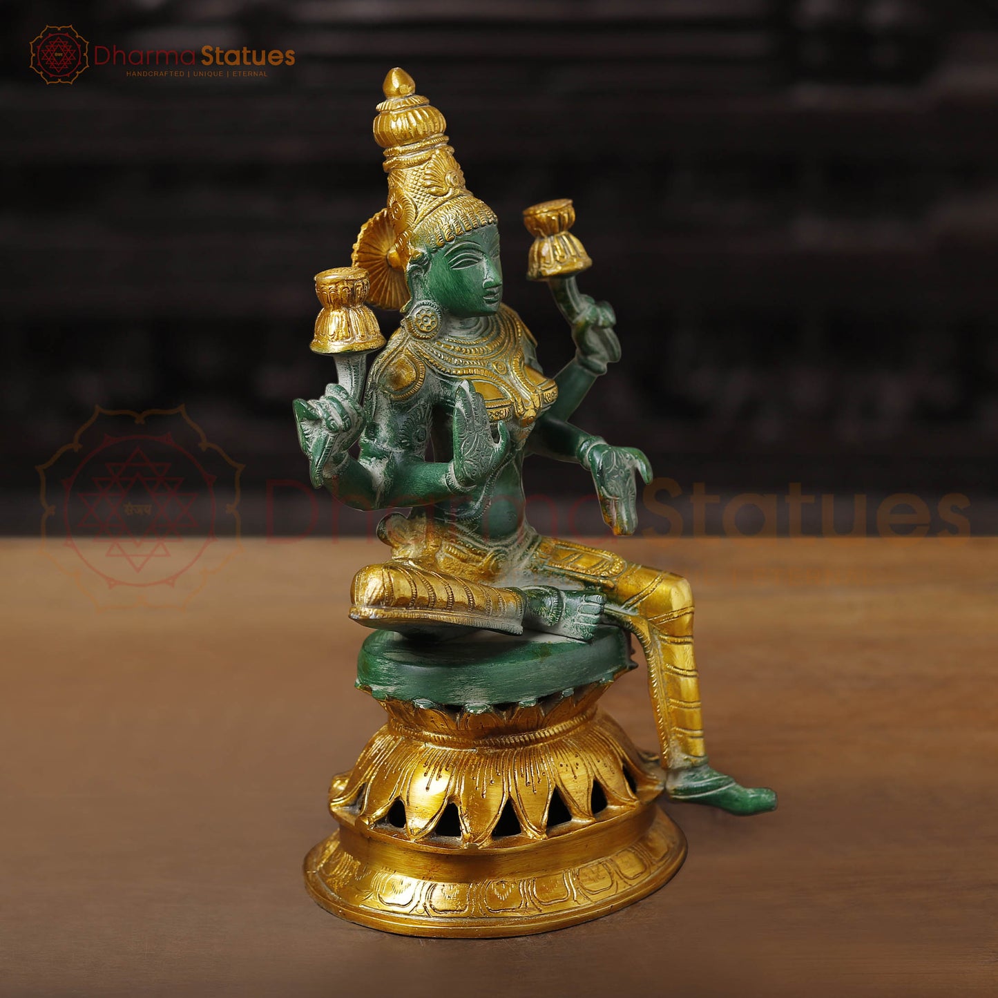Brass Lakshmi Statue, Sitting and Showering Wealth, Emerald Finish with Golden Accents, 12"