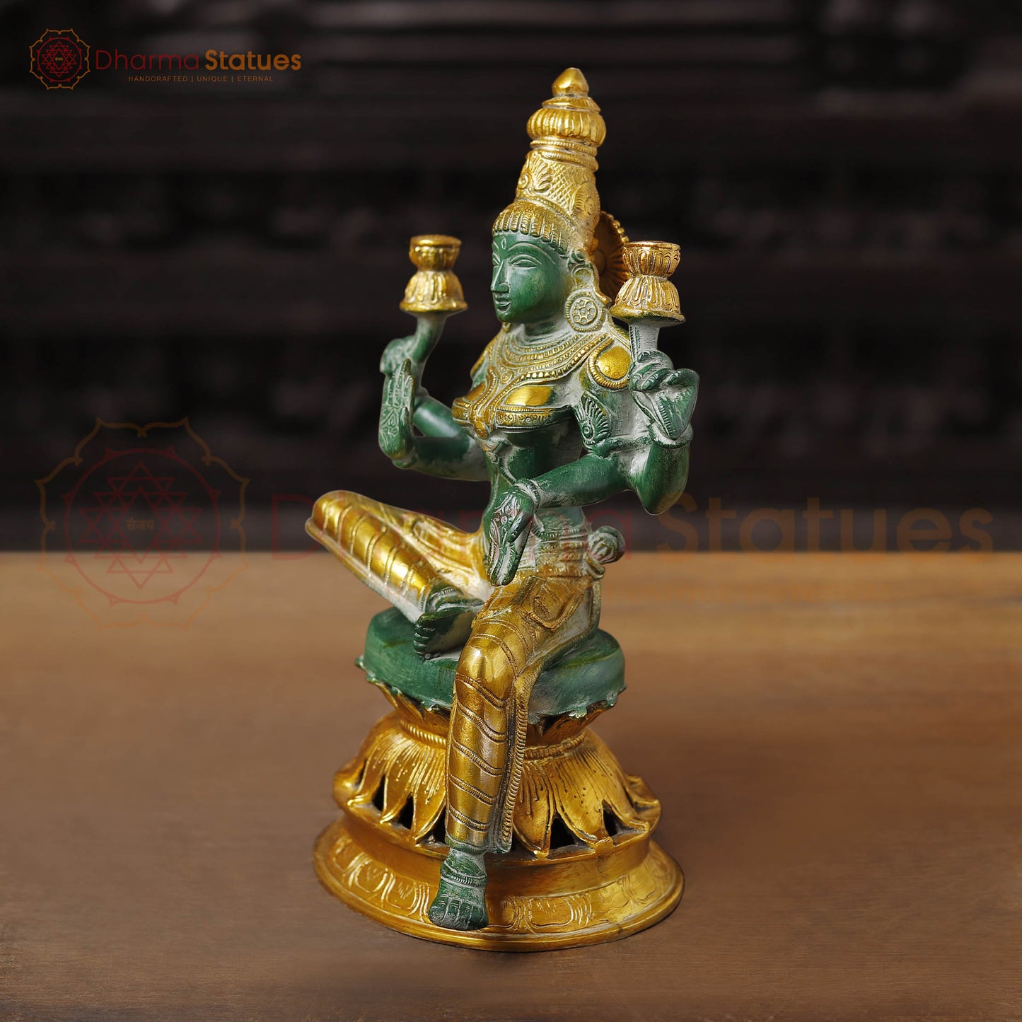 Brass Lakshmi Statue, Sitting and Showering Wealth, Emerald Finish with Golden Accents, 12"