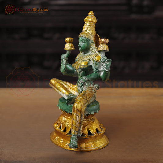 Brass Lakshmi Statue, Sitting and Showering Wealth, Emerald Finish with Golden Accents, 12"