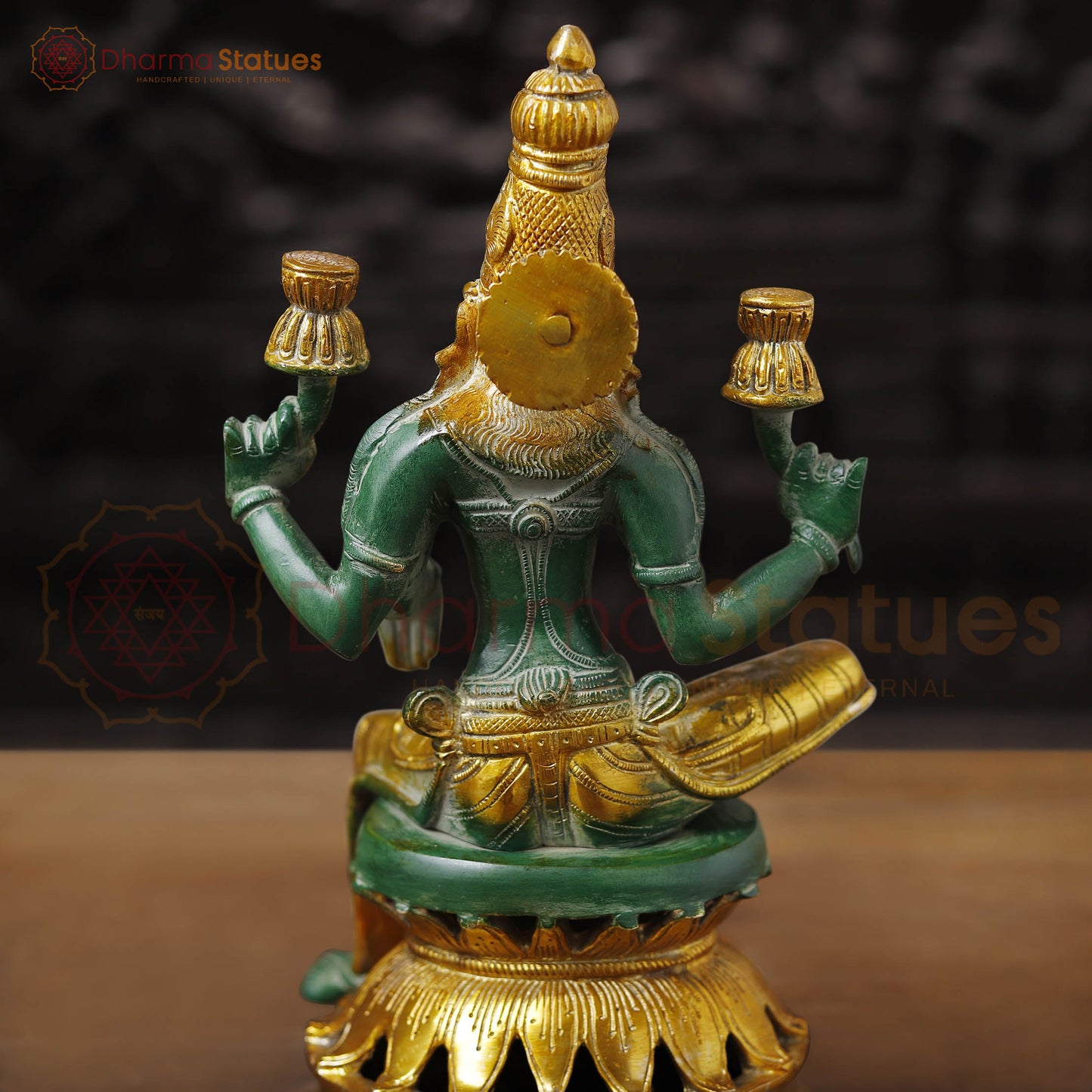 Brass Lakshmi Statue, Sitting and Showering Wealth, Emerald Finish with Golden Accents, 12"