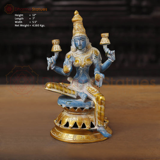 Brass Lakshmi Idol, Goddess of Wealth, Rustic Blue Patina with Gold Accrnts, 12"