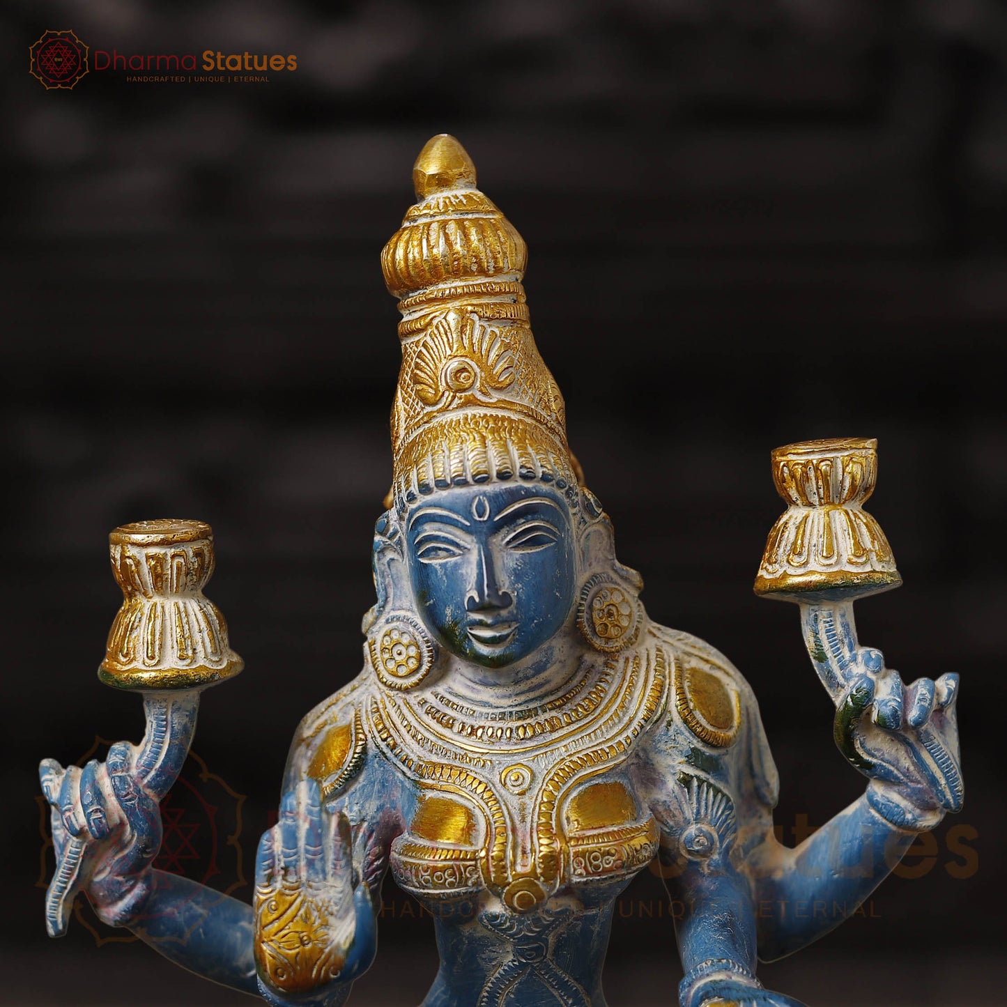 Brass Lakshmi Idol, Goddess of Wealth, Rustic Blue Patina with Gold Accrnts, 12"