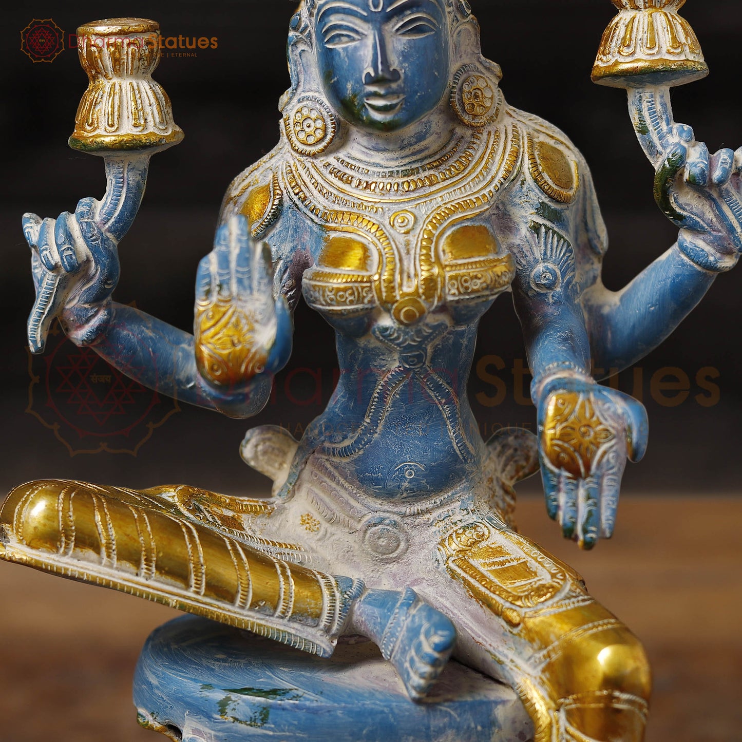 Brass Lakshmi Idol, Goddess of Wealth, Rustic Blue Patina with Gold Accrnts, 12"