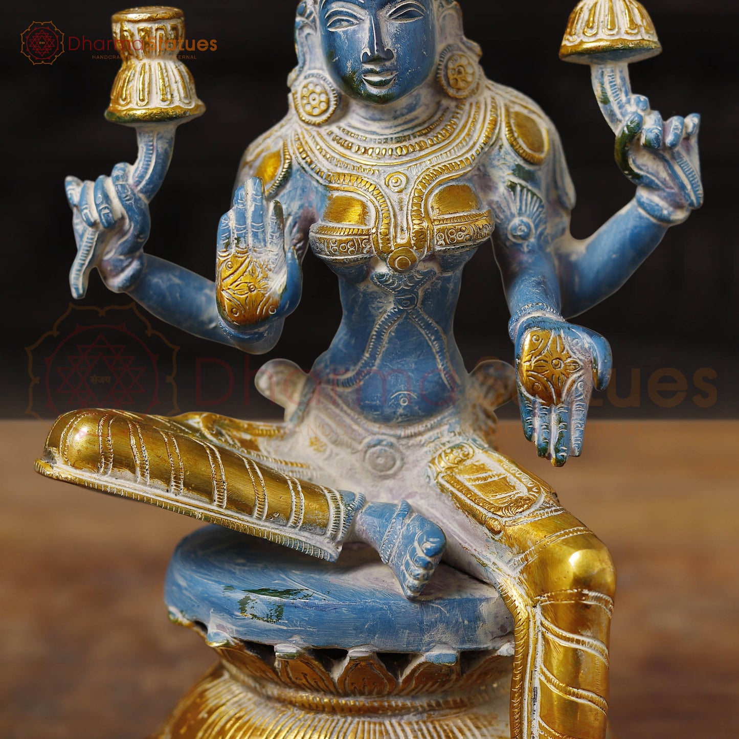 Brass Lakshmi Idol, Goddess of Wealth, Rustic Blue Patina with Gold Accrnts, 12"