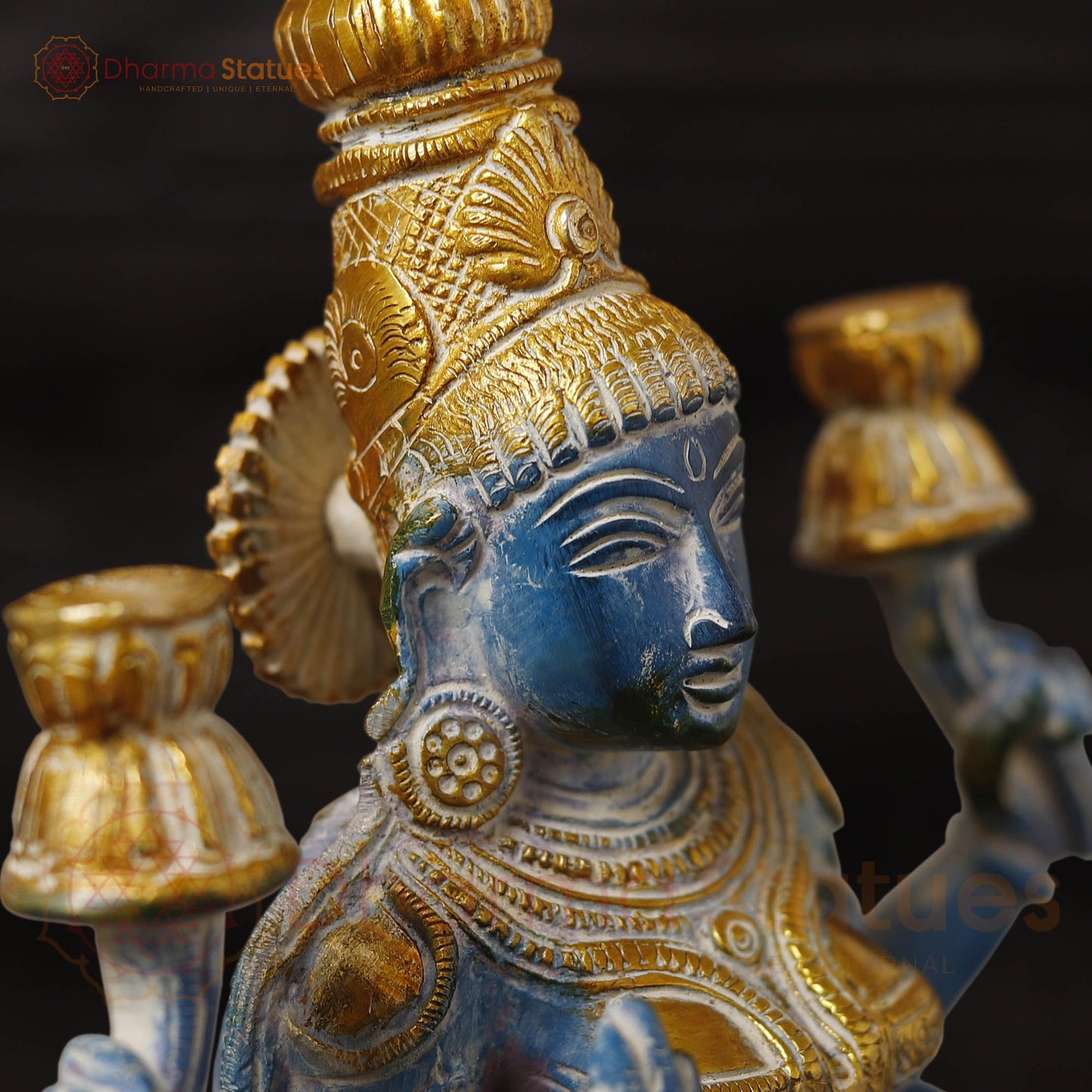 Brass Lakshmi Idol, Goddess of Wealth, Rustic Blue Patina with Gold Accrnts, 12"