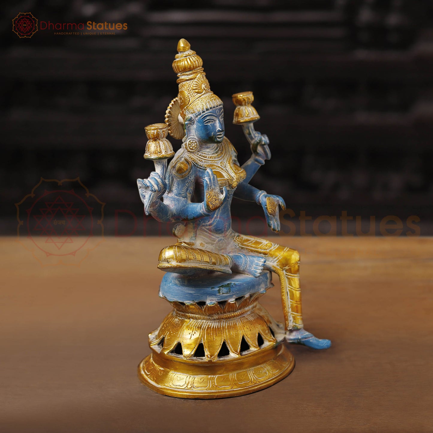 Brass Lakshmi Idol, Goddess of Wealth, Rustic Blue Patina with Gold Accrnts, 12"