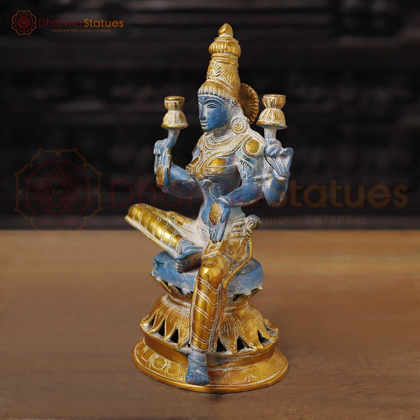Brass Lakshmi Idol, Goddess of Wealth, Rustic Blue Patina with Gold Accrnts, 12"
