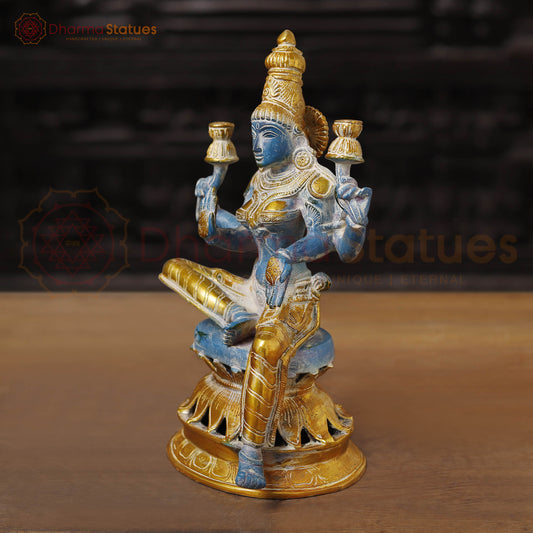 Brass Lakshmi Idol, Goddess of Wealth, Rustic Blue Patina with Gold Accrnts, 12"