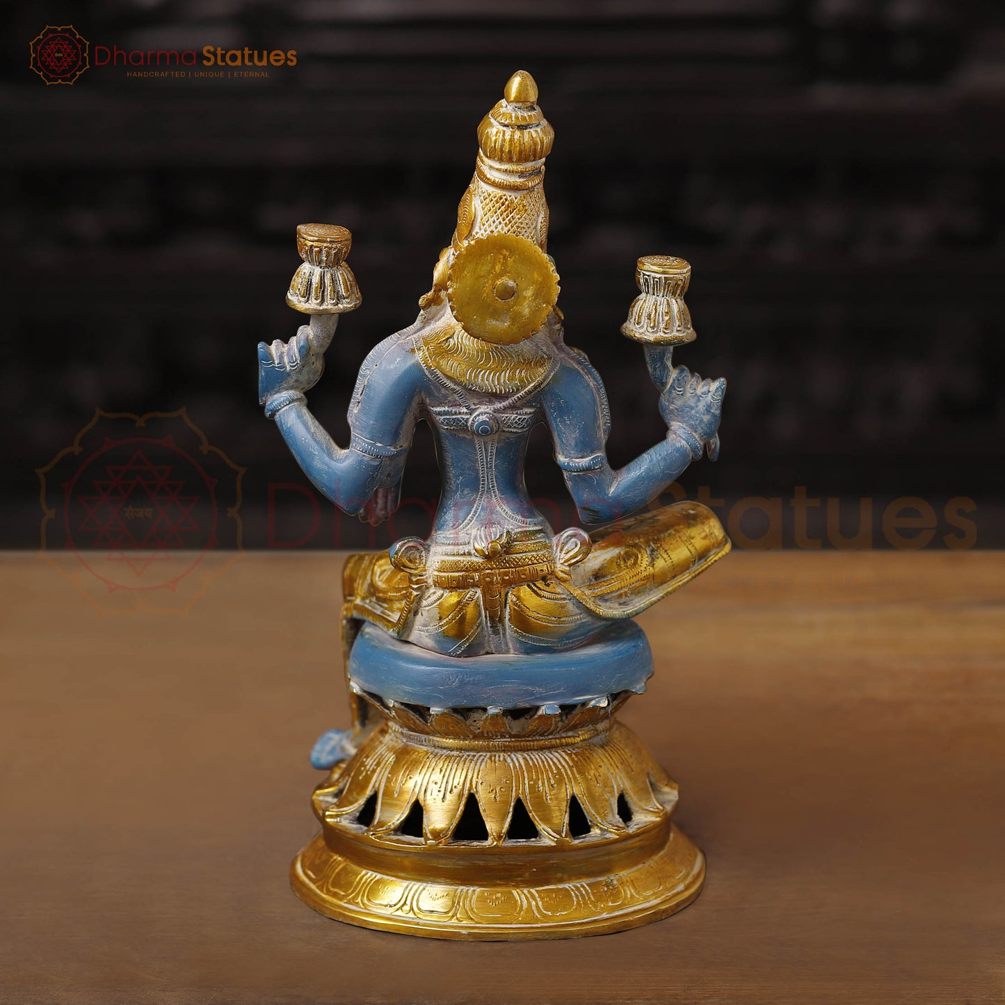 Brass Lakshmi Idol, Goddess of Wealth, Rustic Blue Patina with Gold Accrnts, 12"