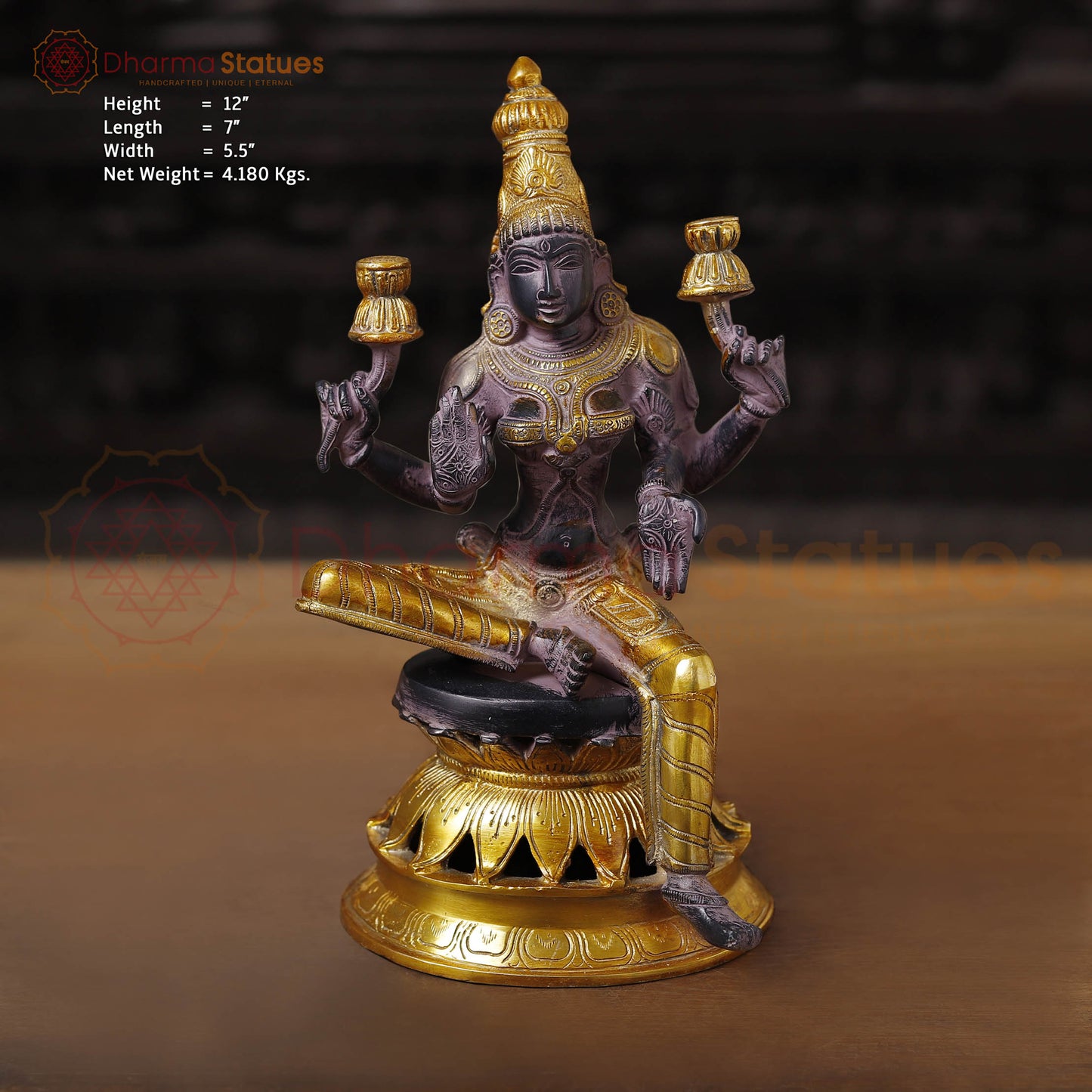 Brass Lakshmi Idol | Goddess Of Fortune, Rustic Purple Patina and Gold 12"