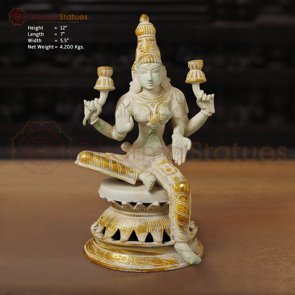 Brass Lakshmi Statue, Sitting and Showering Wealth, White & Golden Finish, 12"