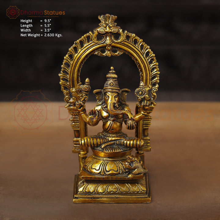 Brass Ganesh Sitting With Frame, Golden Finish, 9.5" Front View