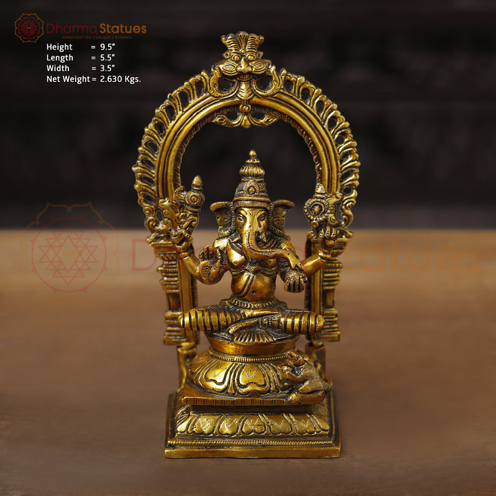 Brass Ganesh Seated with Frame Fine, Golden Finish, 9.5" Front View