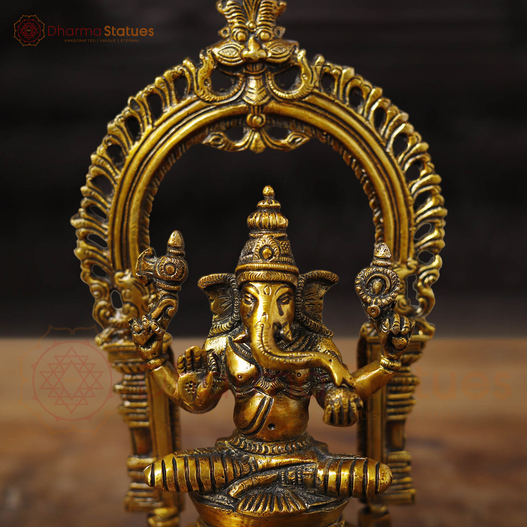 Brass Ganesh Sitting With Frame, Golden Finish, 9.5"