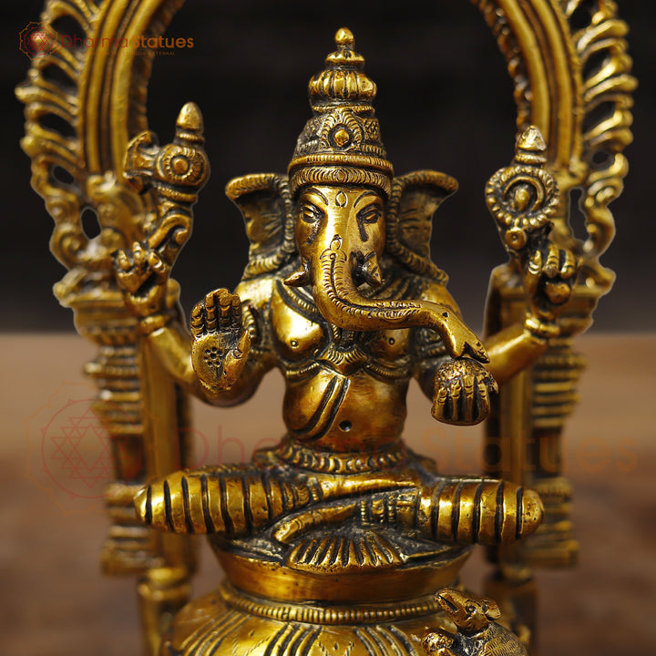 Brass Ganesh Seated with Frame Fine, Golden Finish, 9.5"