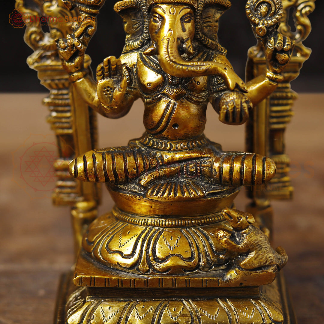 Brass Ganesh Sitting With Frame, Golden Finish, 9.5"