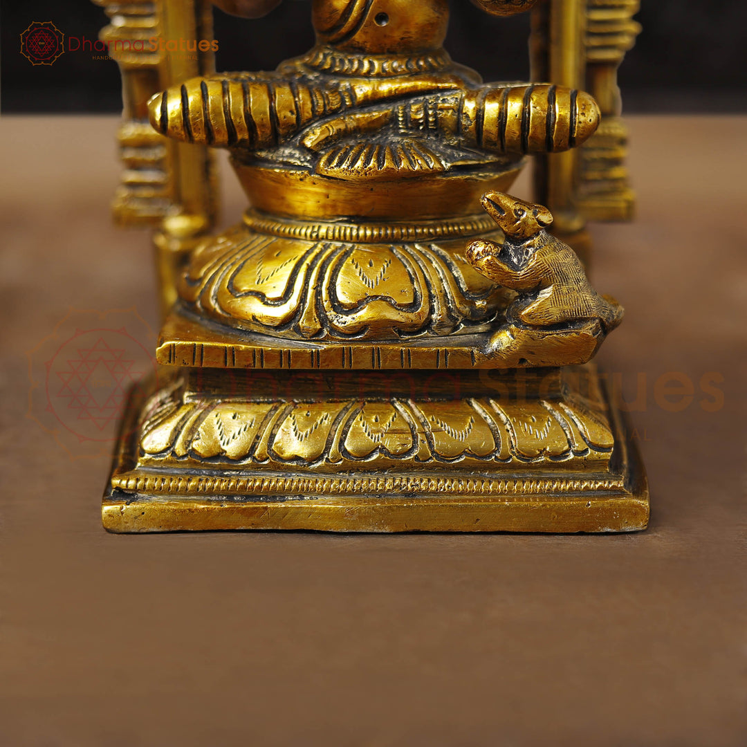 Brass Ganesh Sitting With Frame, Golden Finish, 9.5"