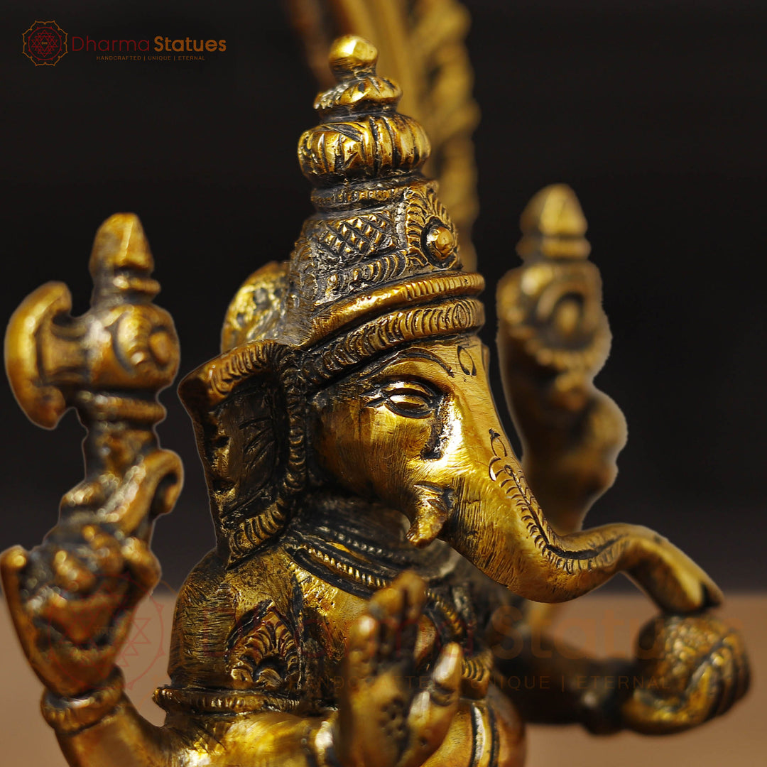 Brass Ganesh Sitting With Frame, Golden Finish, 9.5"