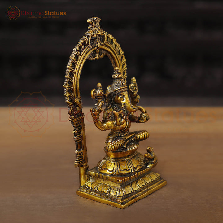 Brass Ganesh Sitting With Frame, Golden Finish, 9.5"