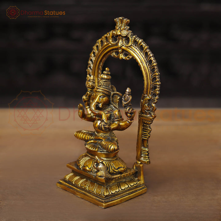 Brass Ganesh Sitting With Frame, Golden Finish, 9.5"