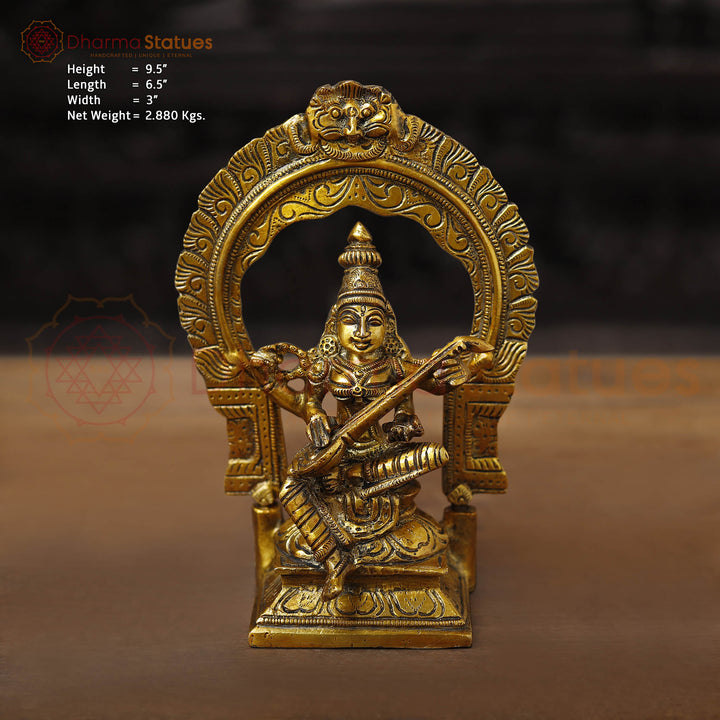 Brass Saraswati Idol, Celestial Serenade, Golden 9.5"